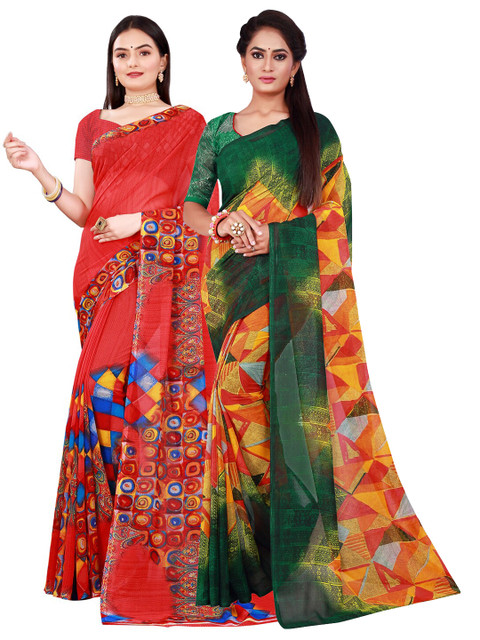 

Florence Red & Yellow Set Of 2 Floral Pure Georgette Saree