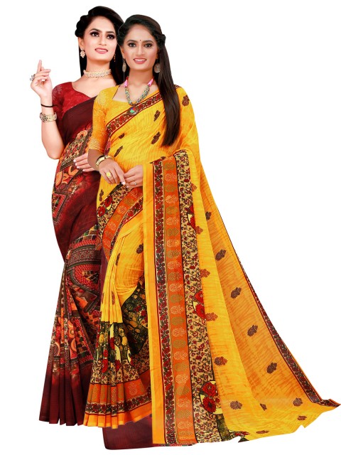 

KALINI Yellow & Brown Floral Pure Georgette Saree
