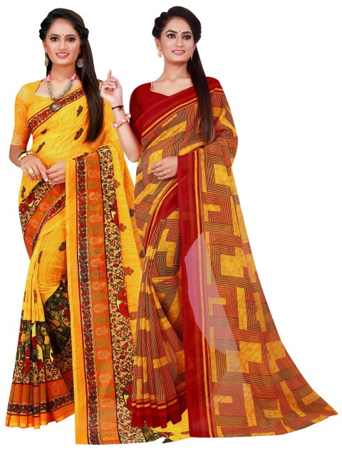 

KALINI Yellow & Maroon Pack of 2 Printed Pure Georgette Saree