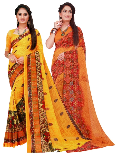 

KALINI Yellow & Orange Set Of 2 Ethnic Motifs Pure Georgette Saree