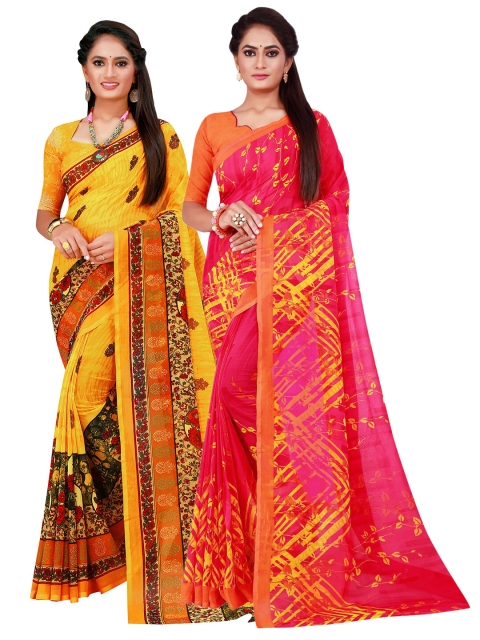 

KALINI Yellow & Magenta Set Of 2 Floral Pure Georgette Saree