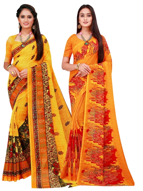 

KALINI Orange & Yellow Ethnic Motifs Pack of 2 Pure Georgette Saree