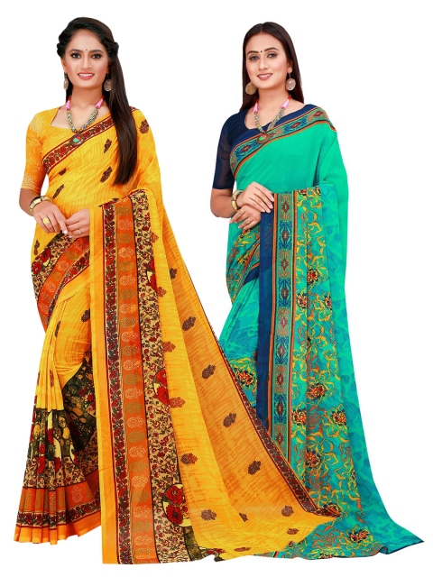 

KALINI Green & Yellow Pack of 2 Ethnic Motifs Pure Georgette Saree