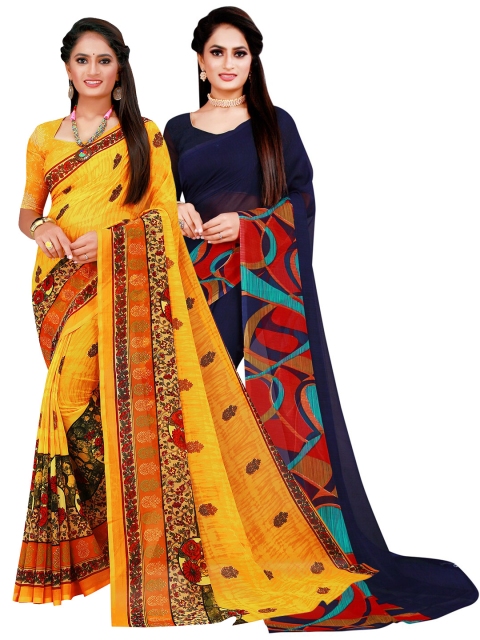 

KALINI Navy Blue & Yellow Pure Printed Georgette Saree