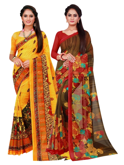 

KALINI Yellow & Brown Pure Georgette Saree