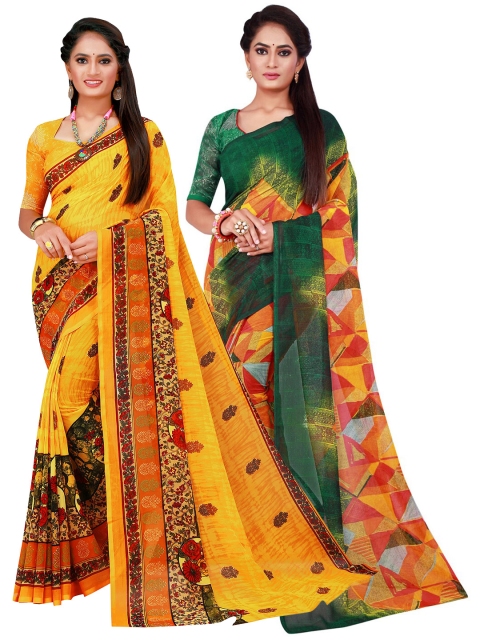 

KALINI Women Yellow & Orange Pure Georgette Saree