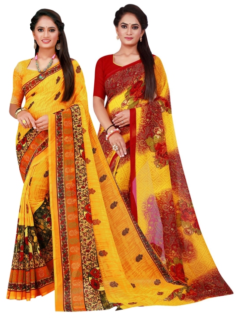 

KALINI Women Yellow & Maroon Pure Georgette Saree
