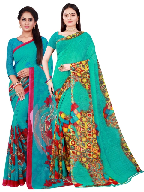 

KALINI Green & Turquoise Blue Pure Georgette Saree