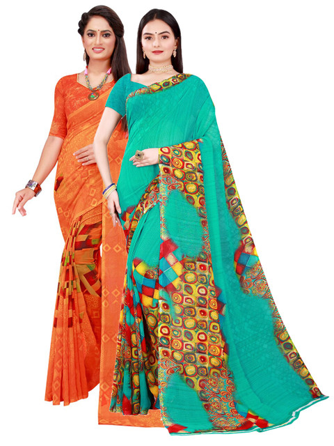 

KALINI Pack of 2 Printed Pure Georgette Sarees, Green