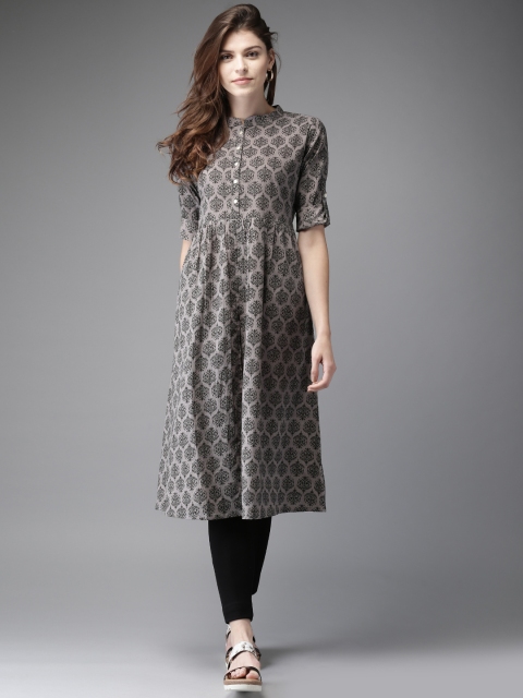 

Moda Rapido Women Grey & Black Handblock Printed A-Line Kurta