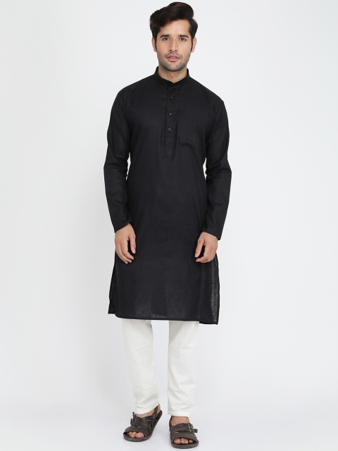 

ROYAL KURTA Men Black Striped Cold-Shoulder Sleeves Thread Work Summer Sheers Kurta