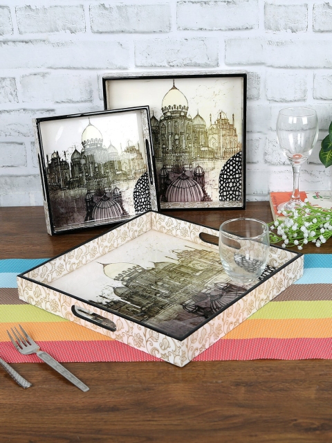 

eyda Set Of 3 Off-White & Grey Digital Printed Wooden Trays