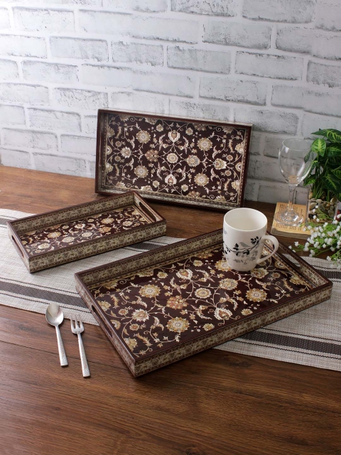 

eyda Set of 3 Brown & Beige Printed Wood Trays