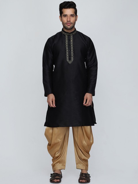 

ROYAL KURTA Men Black & Golden Thread Work Dupion Silk Kurta with Patiala