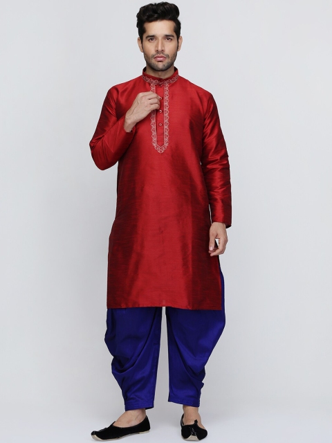 

ROYAL KURTA Men Maroon & Blue Thread Work Dupion Silk Kurta with Patiala
