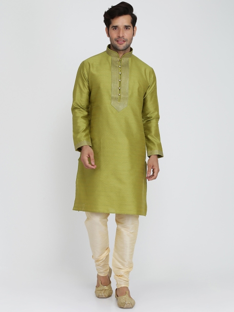 

ROYAL KURTA Men Olive Green Yoke Design Thread Work Kurta