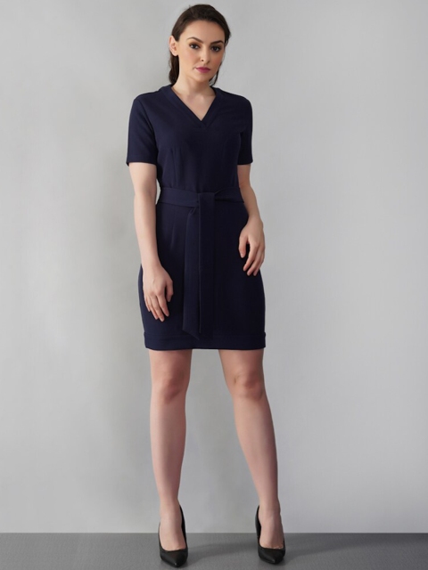 

Harold Meagan Women Navy Blue Scuba Formal Sheath Dress with Sash Belt
