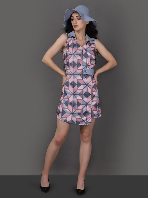 

Harold Meagan Blue & Pink Floral Crepe A-Line Dress