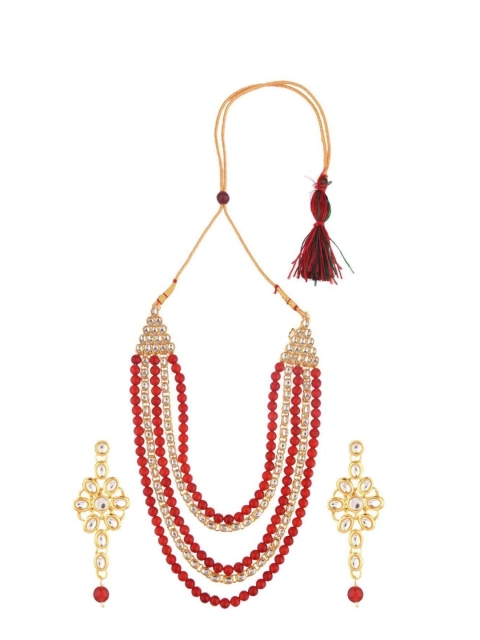 

Efulgenz Gold-Plated Maroon & White Crystal Studded Layered Jewellery Set