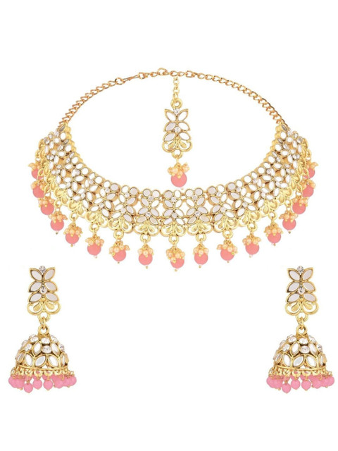 

Efulgenz Gold-Plated Pink Crystal -Studded & Beaded Jewellery Set