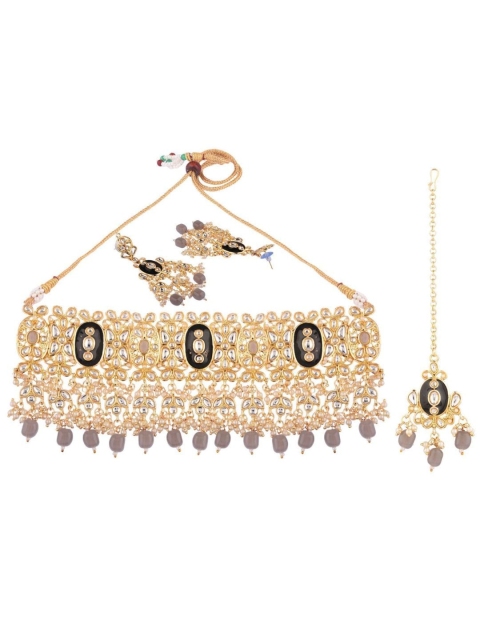 

Efulgenz Women Gold-Plated Grey Crystal Studded & Beaded Jewellery Set