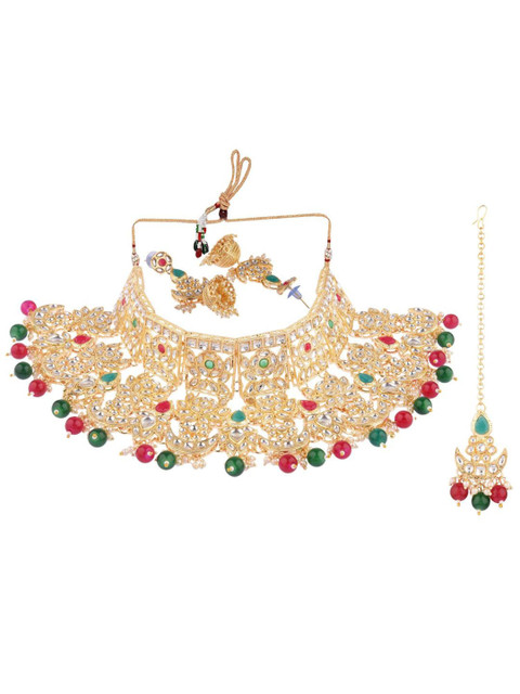 

Efulgenz Gold-Plated Green & Maroon Crystals-Studded & Beaded Jewellery Set