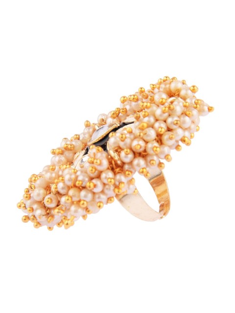 

Efulgenz Women Gold Plated Black Kundan Studded & Beaded Finger Ring