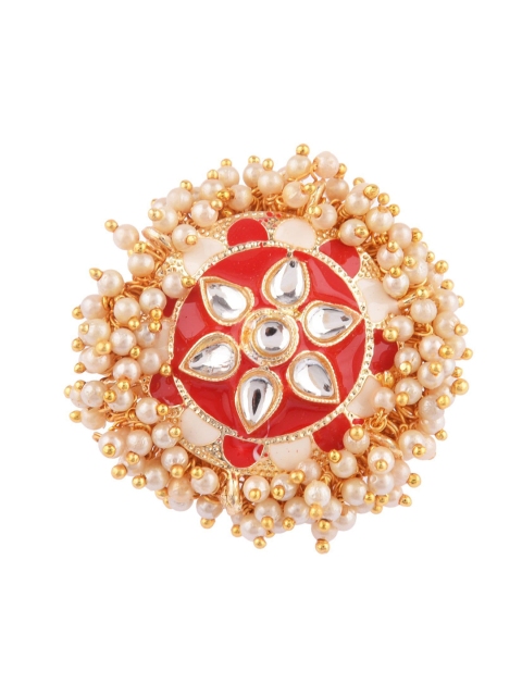 

Efulgenz Gold-Plated Red-Colored White Kundan Studded & Beaded Finger Ring