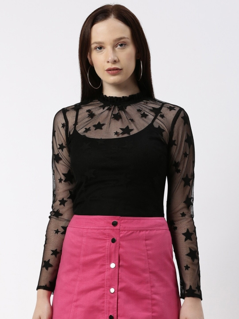 

kriatma Black Net Top With Semi Sheer Sleeves With Stars Design
