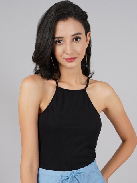 

DressBerry Black Solid Pure Cotton Crop Regular Top