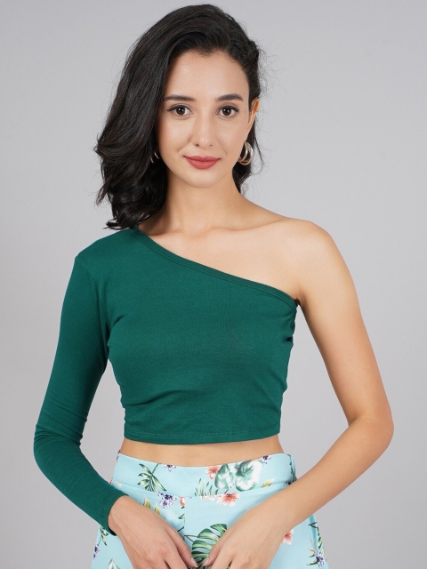 

DressBerry Green Solid Fitted One Shoulder Crop Top