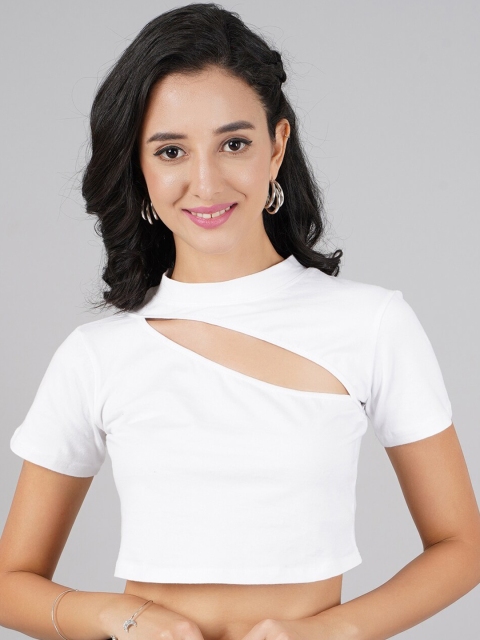 

DressBerry Women Casual White Pure Cotton Knitted cut out design Top