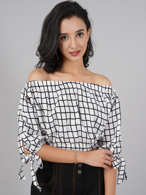 

DressBerry White Checked Off-Shoulder Bardot Crop Top