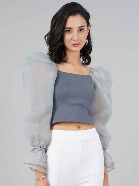 

DressBerry Grey Bishop Sleeves Bardot Crop Top
