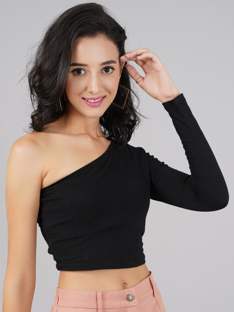 

DressBerry Black cotton One Shoulder Crop Top
