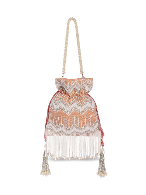 

ARTFLYCK Peach-Coloured & White Embellished Potli Clutch