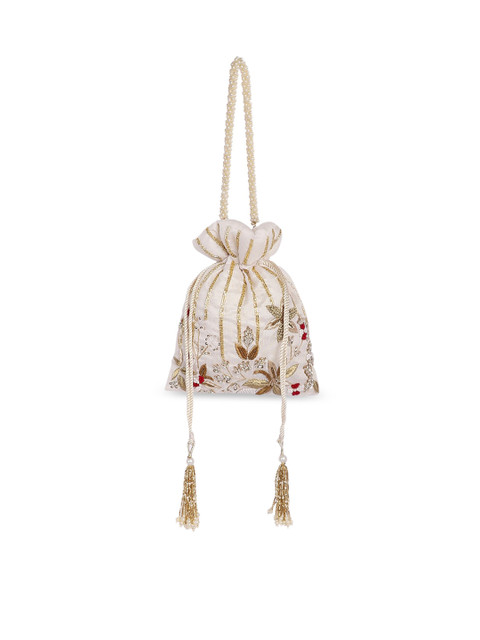

ARTFLYCK Cream-Coloured & White Embellished Potli Clutch