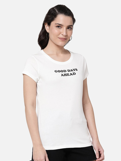 

R&B Women White Typography Printed Pure Cotton T-shirt