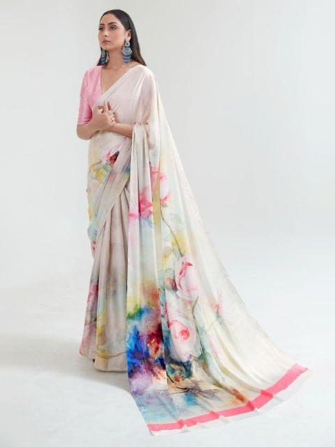 

KARAGIRI White & Blue Floral Satin Saree