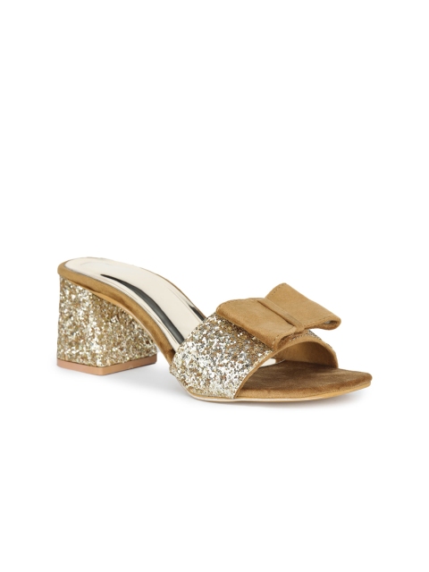 

H3F Gold-Toned Embellished Suede Party Block Sandals with Bows