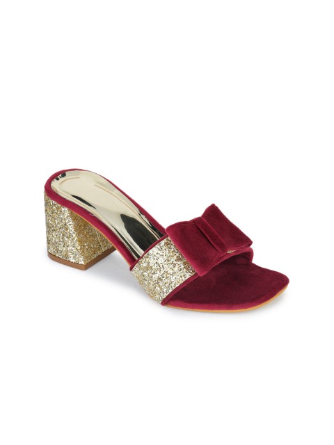 

H3F Women Red Embellished Suede Party Block Mules with Bows