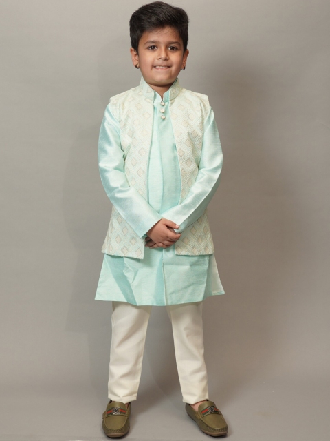 

Mumkins Boys Sea Green Layered Kurta with Trousers & Jacket