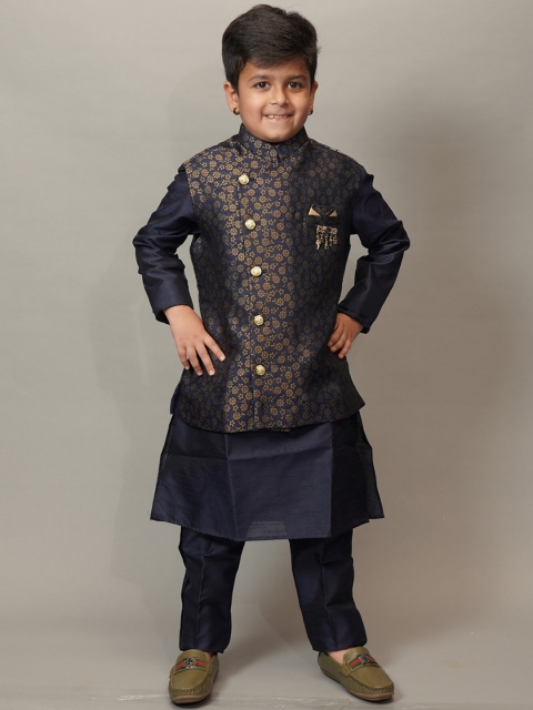 

Mumkins Boys Navy Blue Ethnic Motifs Embroidered Layered Kurta with Pyjamas