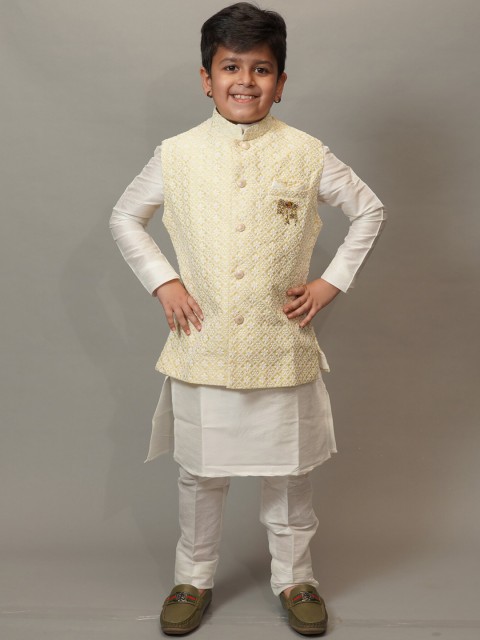 

Mumkins Boys Yellow Ethnic Motifs Printed Tiered Kurta with Churidar