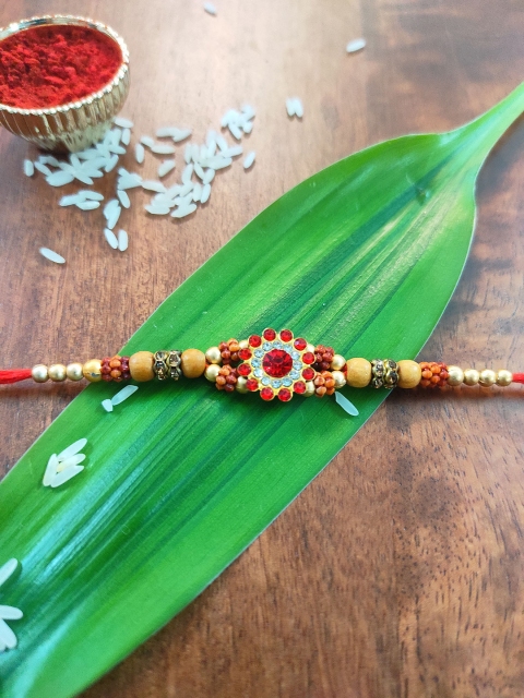 

CRAYTON Red Coloured Stone Studded & Beaded Thread Rakhi, Multi