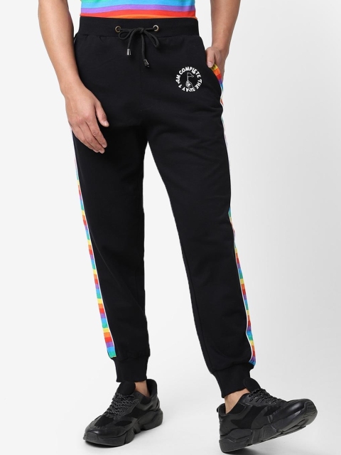 

Bewakoof Men Black & Blue Striped Pride Side Panel Cotton Joggers Plus Size