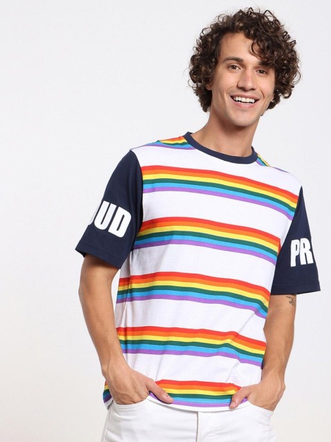 

Bewakoof Plus Men White Striped Cotton T-shirt
