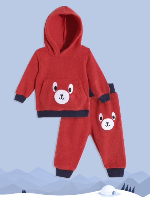 

White Snow Infant Kids Red Applique Detail Hooded Fleece Sweatshirt with Joggers