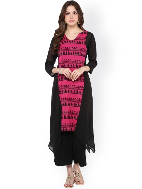 

Pannkh Women Black & Pink Printed A-Line Kurta