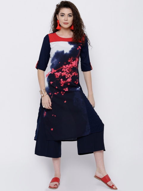 

Vishudh Women Navy Blue Printed Straight Kurta